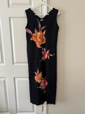 Robbie Bee Black Floral Sheath Dress Sleeveless Midi Tropical Print